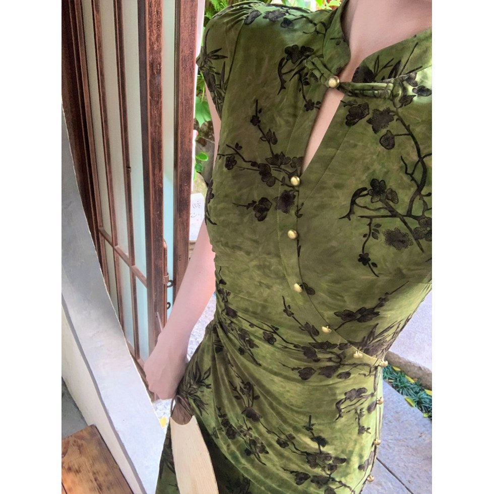 Ruching Floral Qipao Dress