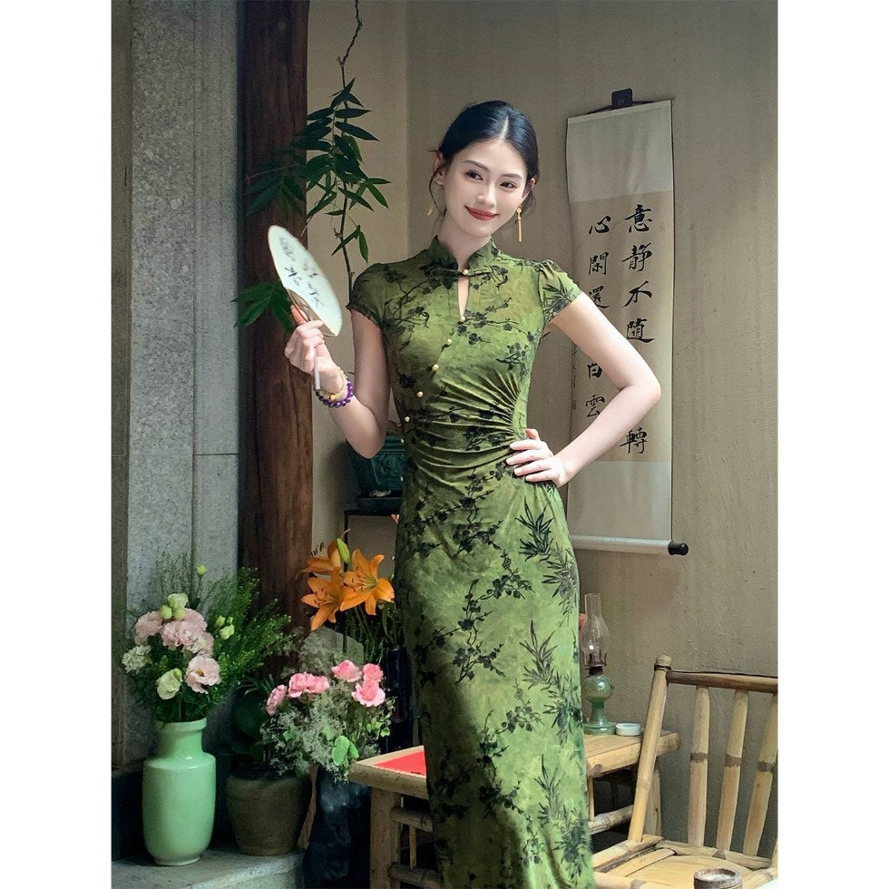 Ruching Floral Qipao Dress