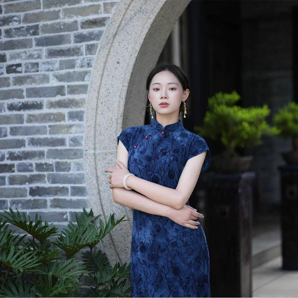 Dark Floral Short Sleeve Qipao Dress