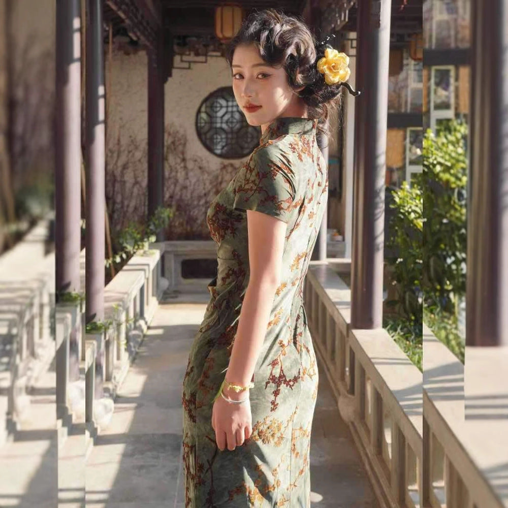 Green Floral Short Sleeve Qipao Dress