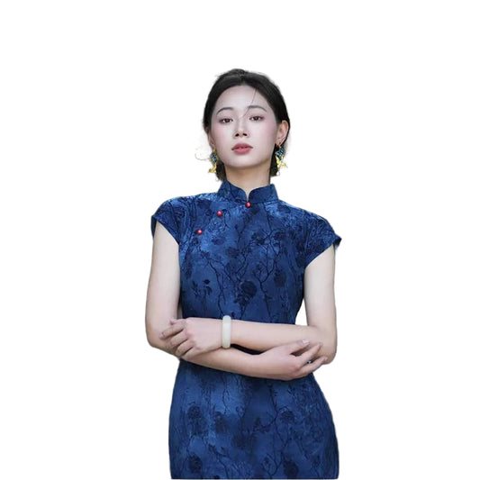 Dark Floral Short Sleeve Qipao Dress