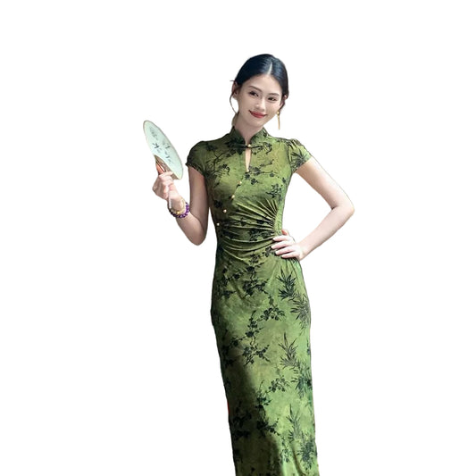 Ruching Floral Qipao Dress