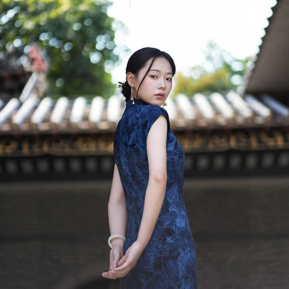 Dark Floral Short Sleeve Qipao Dress