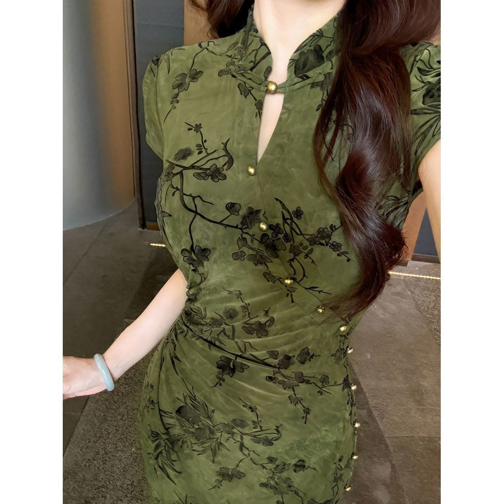 Ruching Floral Qipao Dress