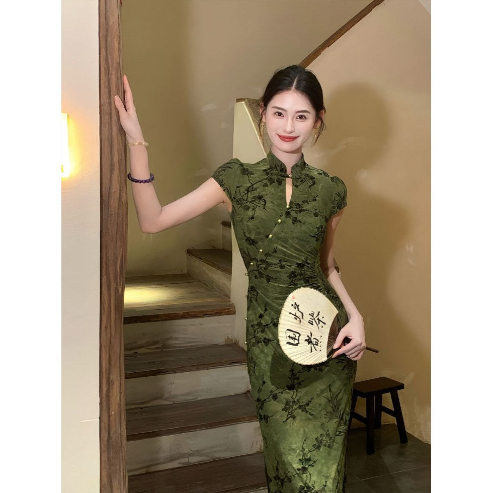 Ruching Floral Qipao Dress