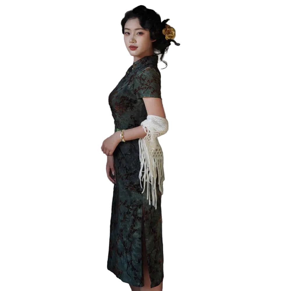 Green Floral Short Sleeve Qipao Dress