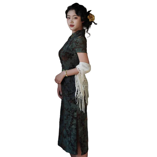 Green Floral Short Sleeve Qipao Dress