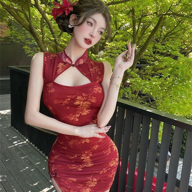 Cutout Floral Qipao Dress