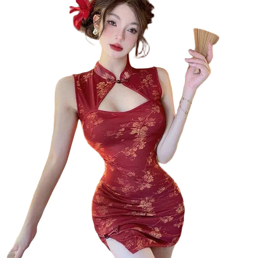 Cutout Floral Qipao Dress