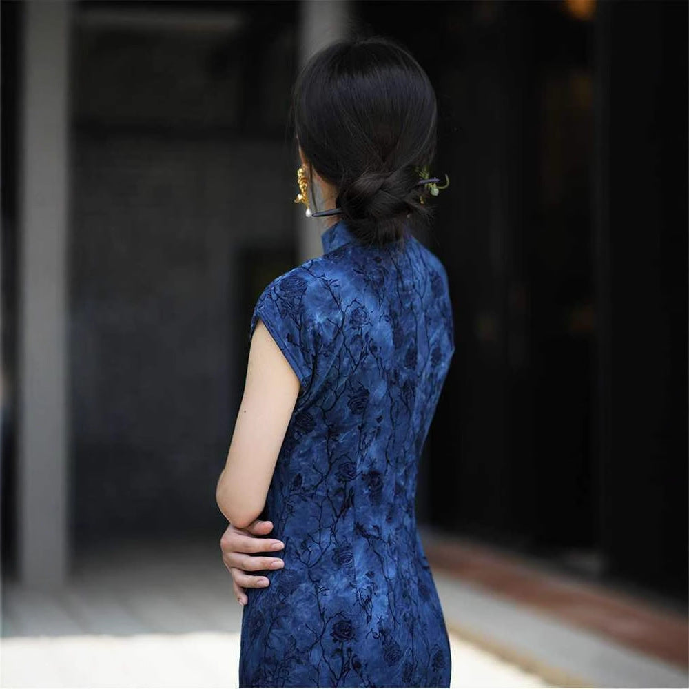 Dark Floral Short Sleeve Qipao Dress