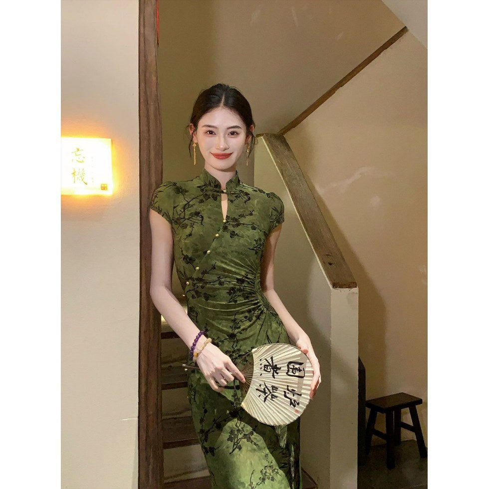 Ruching Floral Qipao Dress