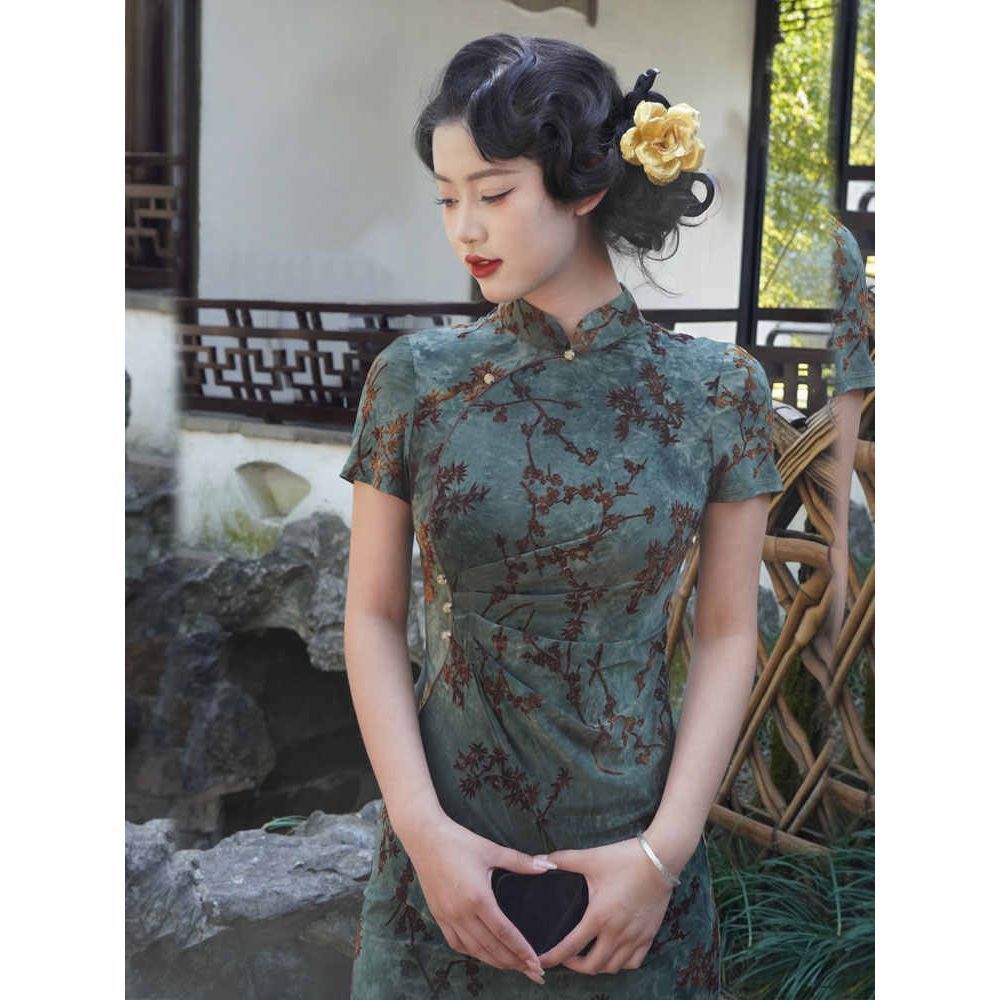 Green Floral Short Sleeve Qipao Dress